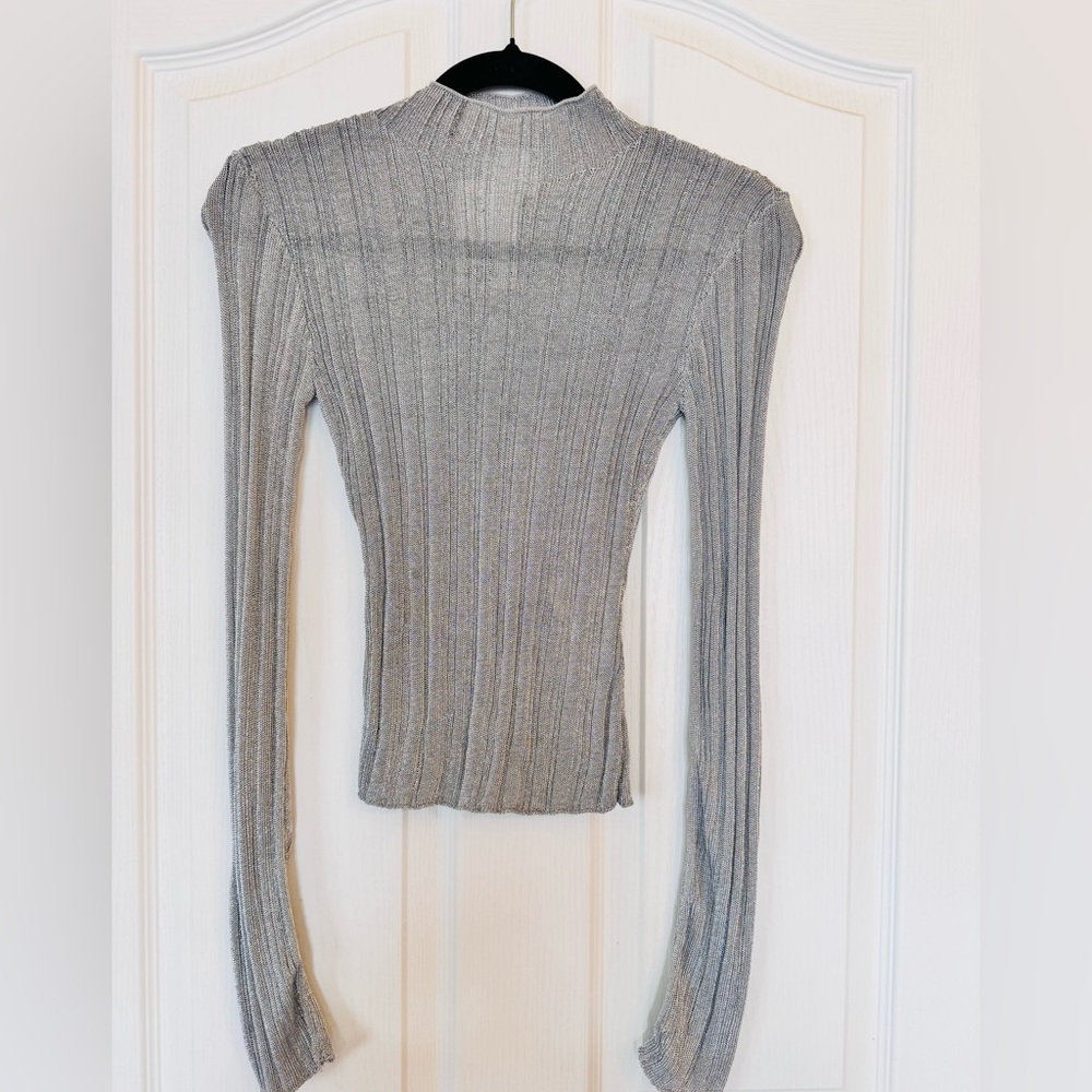 H&M Silver Metallic Glitter Ribbed Long-Sleeve Top Size XS NWT